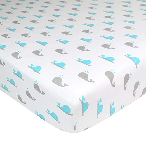 Image of TL Care Cotton Fitted Crib Sheet 52x28 inch, Aqua Whale | 100% Natural Cotton Crib and Toddler Bed Sheets, Soft, Breathable & Hypoallergenic, Gentle on Skin, Neutral for Boys & Girls