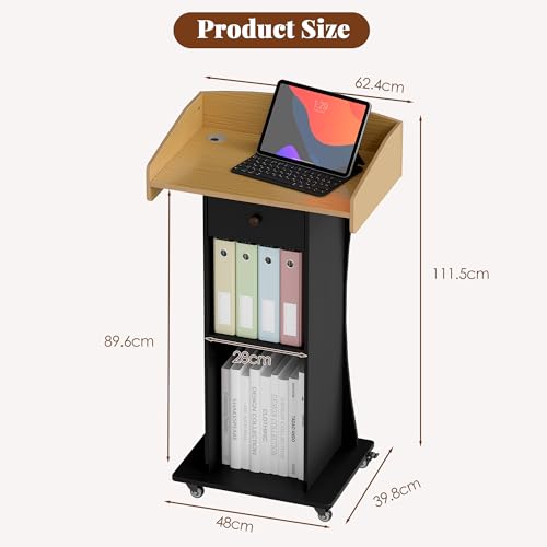 Podium Stand with Metal Wheels Wooden Lectern Podium Stand Portable Pulpit Standing with Storage Mobile Reception Podiums for Church Office School Conference Restaurant Meeting,Wood+Black - Thumbnail 3