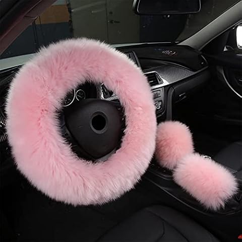Lifup Winter Faux Fur Steering Wheel Cover, Furry Handbrake Cover, Fluffy Gear Shift Cover, Universal 3Pcs Set pink Cover