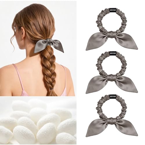 Image of THXSILK 100% Mulberry Silk Bow Scrunchies 3-Pack, 22 Momme Mulberry Silk Hair Ties for Women, Cute Bunny Ear No Damage Ponytail Holders, Fashion Hair Accessories for Girls(S, Dark Grey)