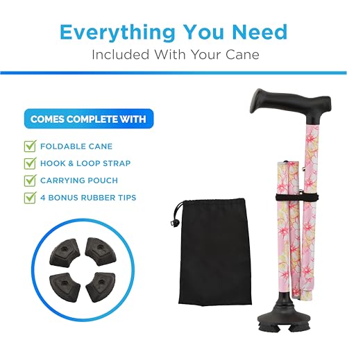 NOVA Foldable Quad Cane for Seniors, Self Standing Adjustable Walking Cane with Pivoting Quad Tip, Lightweight Collapsible Mobility Aid, Bonus Carry Pouch & Replacement Tips, Pink Floral by nova - Used condition - Image 4