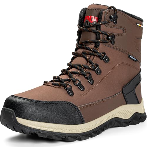 R CORD Mens Snow Boots Hiking Boots Waterproof Saftey Thermal Boots Non-slip Outdoor Winter Boots for Men Brown Size 10.5
