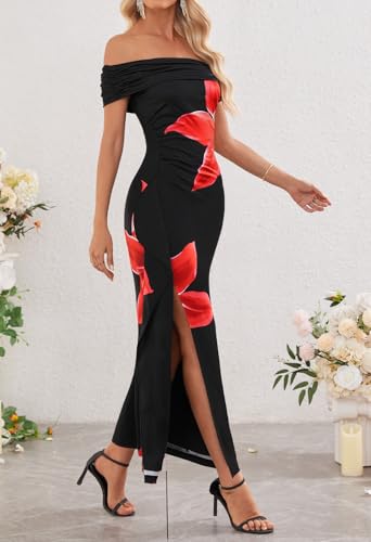 Image of MEROKEETY Women's Floral Off Shoulder Maxi Dresses 2026 Summer High Split Cocktail Wedding Guest Dress