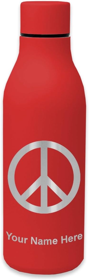 LaserGram Double Wall Stainless Steel Water Bottle, Peace Sign, Personalized Engraving Included