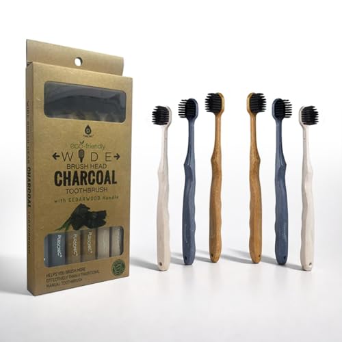 Pursonic Wide Head Toothbrush Set with Cedarwood Wooden Handle & Soft Charcoal Bristles - Travel Friendly Natural Oral Care Brushes with Comfortable Grip Design for All Age Groups - Pack of 6