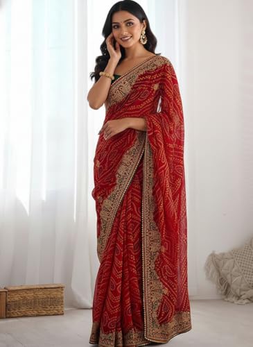 Image of Yashika Women's Georgette Art Silk Bandhej Zari Work Embroidered Saree | Women Sari