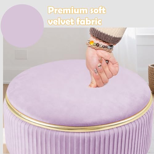 MRITWAII Adjustable Vanity Stool with Storage, 360&deg; Swivel Makeup Stool Chair Small Velvet Round Ottoman with Gold Base for Bedroom (Purple)