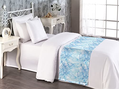 Lunarable Blue And White Bed Runner, Hibiscus Flowers Tropical Foliage Hand Drawn Monotone Design, Decorative Accent Bedding Scarf For Hotels Homes And Guestrooms, Twin, Pale Blue #TOP3