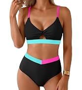 Herseas Women's Bikini Sets Twist Color Block Swimsuits 2 Piece High Waisted Bathing Suit Swim Su...