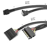 KabelDirekt – przewód zasilający SATA 30cm 15-pinowy do 2×15-pinowego przewodu SATA + 60cm 7-pinowy przewód do transmisji danych 6Gbit/s SATA 3 z końcówką 90° + 60cm 7-pinowy przewód 6Gbit/s SATA 3