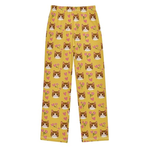 Yuiboo Elastic Clothes Cat Heart Yellow Outfits Lounge Pajama Pants Indoor with Pockets 9-10Y