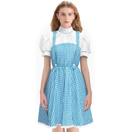 Alaurbeauty Vestido de mago de Oz Dorothy para mujer, libro de cuentos de hadas, personaje, disfraz de princesa de Halloween, para adultos (azul, S)