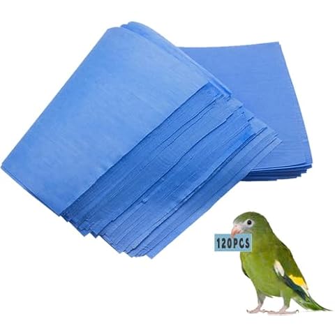 Lesimnky 120 Pieces Bird Cage Liners-11'' X 17''Disposable Non-Woven Bird Cage Paper Liners Precut Absorbent Fecal Tray Cages Cushion Pad Mat Cuttable Pet Animal Cages Cushion for Parrot (Blue) Cover
