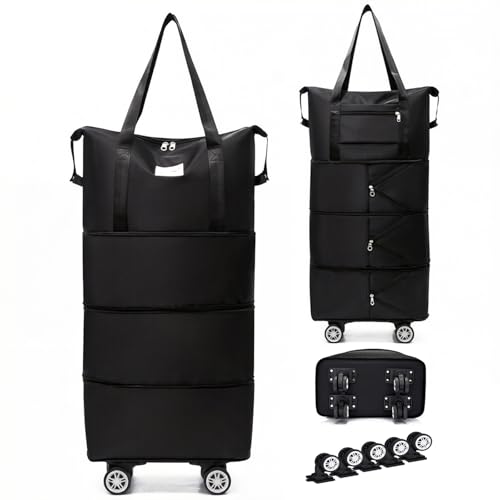 YLTQQT 4-in-1 Expandable Rolling Duffel Bag with Detachable Wheels, 28L-80L Collapsible Luggage with Bonus Spare Wheel, Foldable Travel Trolley for Carry-On, Weekend, Shopping & Moving (Black)