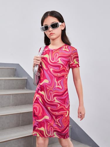 WDIRARA Girl's Marble Printed Lettuce Trim Dress Short Sleeve Crewneck Bodycon Dress3