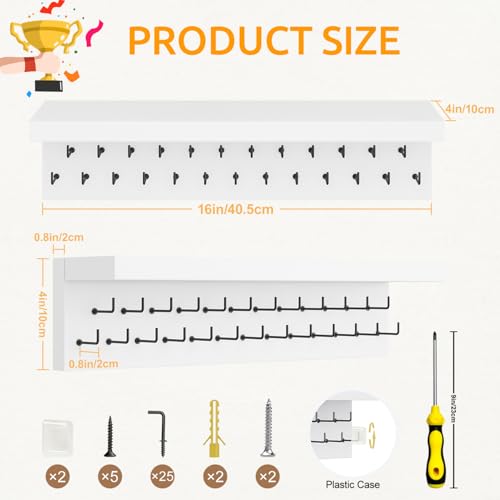 Image of Medal Hanger Display and Trophy Shelf Organizer, Wooden Wall Mount Ribbon Holder with 25 Steel Hooks, Race Awards Storage Rack Stand for Sports Enthusiasts