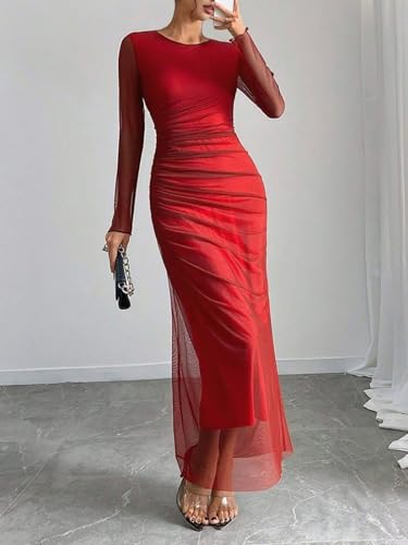 Image of Womens Long Sleeve Maxi Dress Mesh Bodycon Spring Fall Formal Wedding Guest | Tie Dye Ruched Night Out Cocktail Party Long Dresses