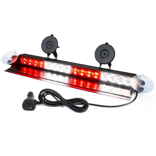 Xprite 16 inch White Red Emergency Strobe Dash Lights, Interior Windshield Flashing Light w/Suction Cups for Construction Towing Snow Plow Pickup Work Trucks Cars (Aluminum Housing)