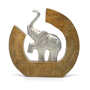 Escultura «Círculo de la Vida» – Moderna Figura Deco de Elefante Hecha a Mano de Aluminio en Madera de Mango – Elefante Plateado de Metal de 24 cm de Altura – Estatua