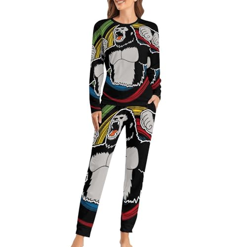 Pyjama chimpanzés femme en maille douce avec pantalon et manches longues