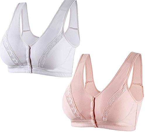 3Pack Everyday Cotton Snap Padded Bras - Women's Front Lace Close Builtup Sports Push Up Bra With Padded (Pink/Beige/Grey, 44Bc) #TOP2