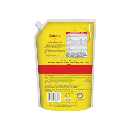 Image of Saffola Gold Refined Cooking oil | Power of 3 - Balance of Good Fats, Triple Anti-Oxidant System & Fortified with Vitamins | Multi-Source Edible Rice Bran & Sunflower Oil | 3 Litre Standee pouch