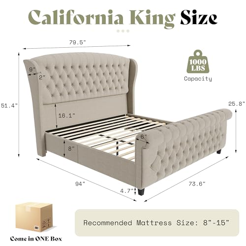 Image of AMERLIFE California King Size Platform Bed Frame, Linen Upholstered Sleigh Bed with Scroll Wingback Headboard & Footboard /Button Tufted /No Box Spring Required /Khaki