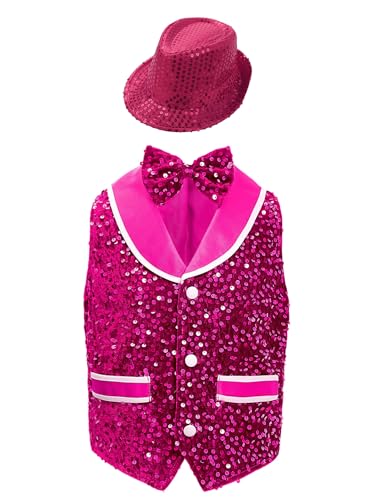 Kids Boys Sparkly Sequin Vest Suit Girls Sleeveless Button Jacket Velvet Bowtie Waistcoat with Hat