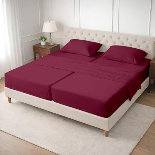 Image of SGI Split King Sheet Set for Adjustable Bed Egyptian Premium Cotton 600 Thread Count Sheets for Sleep Number Bed 15 inch Deep Pocket 5 Pc Set with 2 Twin XL Fitted Sheets Soft Breathable -Burgundy
