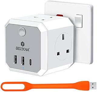 Plug Adapter with 3 USB, 4 Way Multi Plug Extension USB C Wall Socket Adaptor, 13A UK 3 Pin Cube Multiplug Switched Power Extender for Home, Office, Kitchen, White
