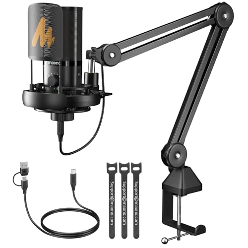 MAONO USB Condenser Microphone-Studio Mic with Shock Mount, Boom Arm, Software, Mute, Gain Knob, Volume Control for Streaming, Recording, Singing, Podcasting, Content Creation, Audiobooks-PM450