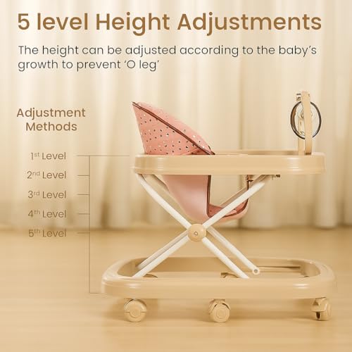 Image of Blushbaby 360 Baby Walker for 6-18 Months | 5-Height Adjustable Activity Walker with Cushioned Seat, Meal Tray & Toy Bar | Foldable & Lightweight Walker for Boys & Girls (Beige)