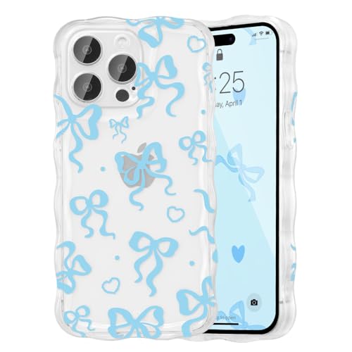 Image of UEEBAI Bow Case for iPhone 12 Pro Max, Wavy Cute Ribbon Pretty Aesthetic Case Curly Stylish Soft Wave Clear Phone Shockproof Protective Pretty Cover for Women Girl - Sky Blue