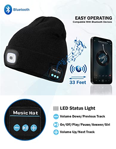 Unisex Bluetooth Beanie Hat With Light, Upgraded Musical Knitted Cap With Headphone And Built-In Stereo Speakers & Mic, Led Hat For Running Hiking, For Men Women Dad (Black) #TOP4