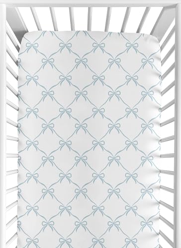Image of Sweet Jojo Designs Fitted Baby Crib Sheets (Blue Bows) for Girls, Infant Nursery, Toddler Room - Standard Size (Tiffany and White Bow for The Ballerina Ballet Collection, Vintage Coquette Aesthetic)