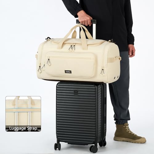 HanTrip Large Travel Duffle Gym Bag with Shoe Compartment, Underseat Carry On Luggage Overnight Weekender Personal Item Workout Bags for Women Men (Offwhite) — view 5