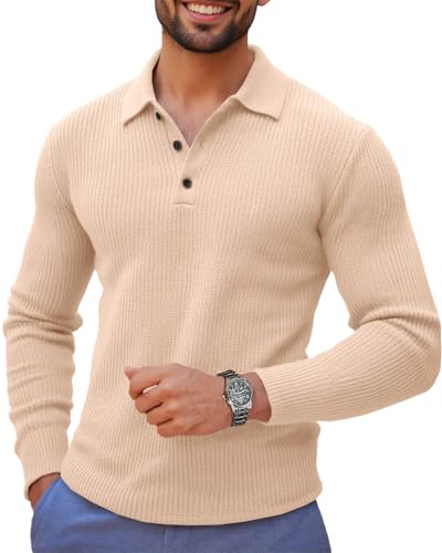 Runcati Mens Long Sleeve Polo Sweater Knit Polos V Neck Casual Dress Button Collared Pullover Sweaters Beige