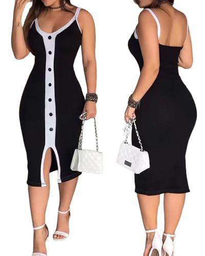 Women's Bodycon Midi Work Dresses Contrast Paneled Button Decor Business Sleeveless U Neck Casual 2025 Dress
