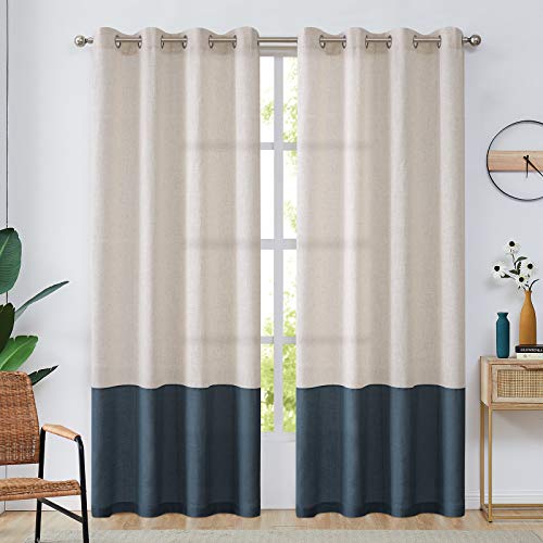 Linen Textured Curtains for Living Room Darkening Curtain Panels Color Block Window Curtains for Bedroom 84 inches Length- Flax & Indigo Blue