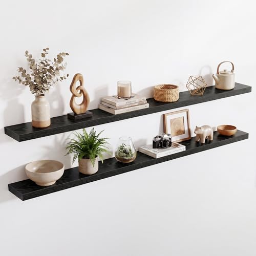 Image of Acovy 72in Long Floating Shelves for Wall Set of 2, Wood Wall Shelves for Bathroom Bedroom Kitchen Living Room Laundry Room, Modern Floating Shelf for Home Decor