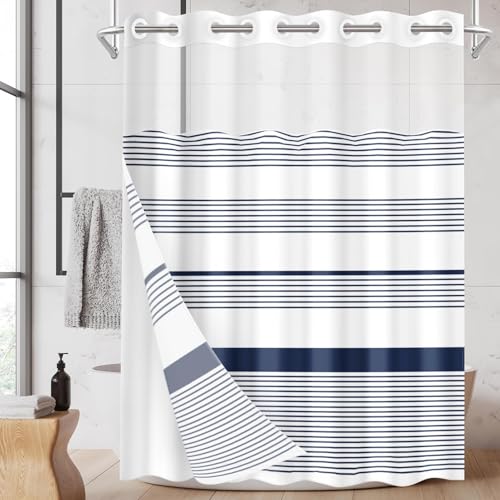 Nesphy No Hook Shower Curtain with Snap in Liner 71x74 Inch Modern Striped