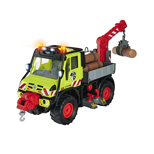 Dickie Toys – Unimog Holztransporter – mit elektrischer Seilwinde und Kranarm mit Joystick-Steuerung, mit Sound- und Licht, für Kinder ab 3 Jahren