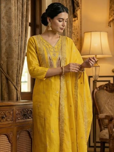 Image of INDO ERA Women's Cotton Solid Straight Kurta Palazzo With Dupatta Set