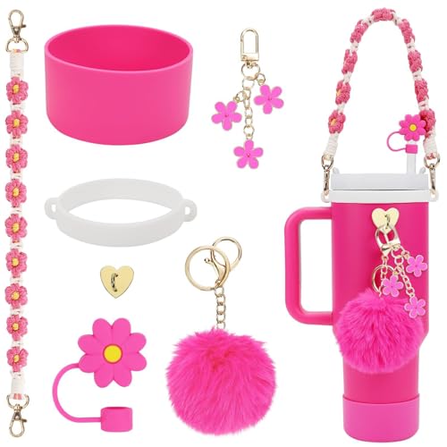 Stanley Lot de 7 accessoires pour gobelets Stanley de 1,2 l et 887,5 ml avec couvercle de paille, bottes en siliocne Stanley, dragonne pour bouteille, 4 breloques Stanley