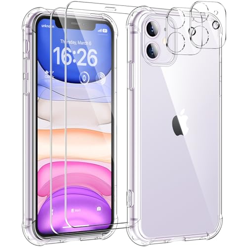 SOGUDE 5 en 1 Coque pour iPhone 11 avec 2 Verre Trempé et 2 Caméra Protecteur, Étui de Protection Antichoc avec Coussin d'air Intégré Mince Bumper Housse - Transparente