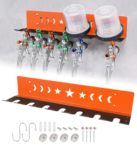 SKYJDM Paint Spray Gun Rack for Magnetic or Wall Mount, Holds 7 Gravity Feed Guns or 4 with Cups, Heavy-Duty Steel Paint Organizer with S-Hooks for Garage, Body Shop or Workshop, Orange by SKYJDM - Used condition - US$37.91