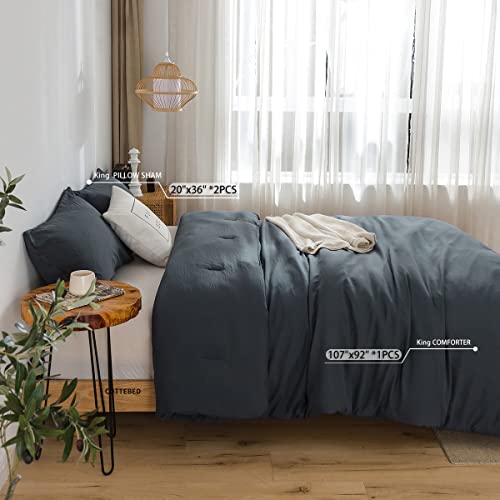 Washed Cotton Microfiber King Size Comforter Set Lightweight Comforter All-Season Reversible Comforter And Pillowshams Summer Soft Cozy King Bed Comforter & 2 Pillow Shams,Dark Grey #TOP1