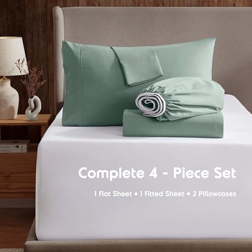 Image of Nestl Queen Bed Sheet Set - Sage Green - 4-Piece Deep Pocket | Instantly Soft, Night-One Ready (No Wash Required). Fits 16-Inch Deep Pockets, 360-Degree Elastic Grip