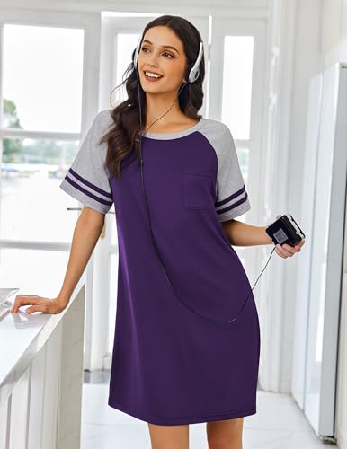 Image of Ekouaer Nightgowns for Women Color Block Sleep Shirt Short Sleeve Sleepwear
