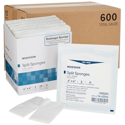 McKesson Sterile Drainage Sponges 4x4 Inch (600 Sponges 12 Box Bulk) Pre-Slit Surgical Drain Gauze Pads 6-Ply Split Gauze for Wound Drains & Post-Op Care 2 per Pack